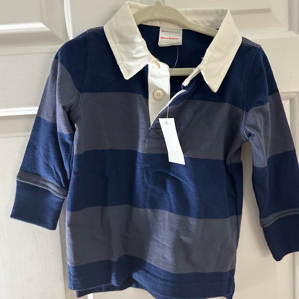 Hannah Anderson Kids Navy and Gray Button Down Shirt rugby 100%  Cotton 18-24m